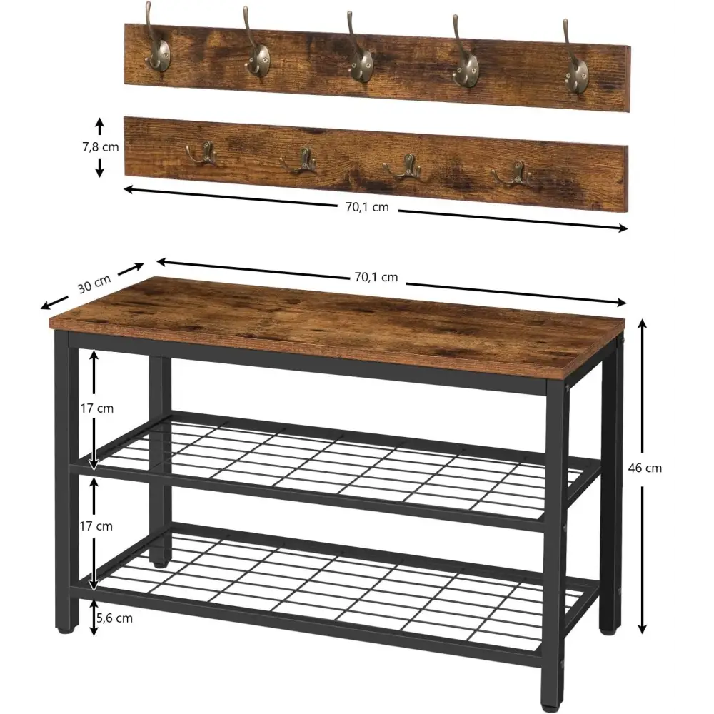 Industrial Design Entryway Shoe Rack with Coat Hooks Organizer (Brown) - Furniture > Living Room