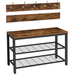 Industrial Design Entryway Shoe Rack with Coat Hooks Organizer (Brown) - Furniture > Living Room