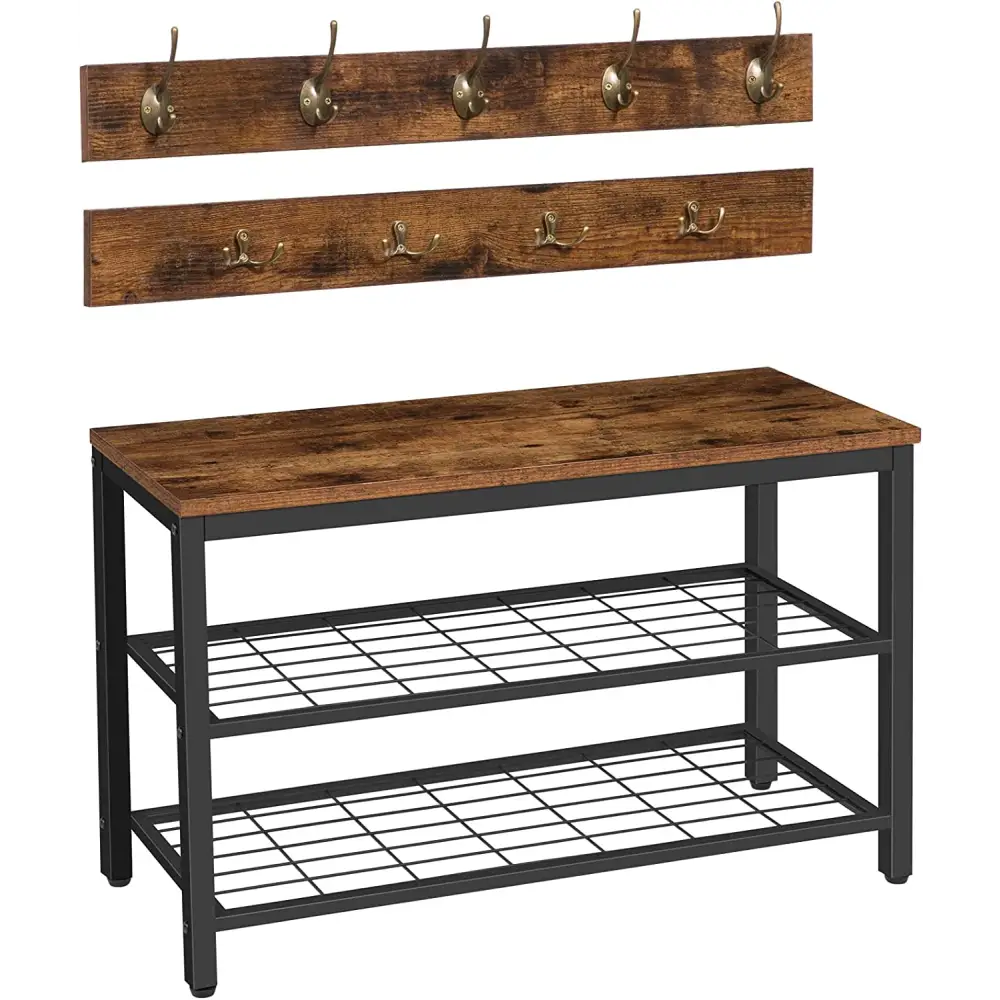 Industrial Design Entryway Shoe Rack with Coat Hooks Organizer (Brown) - Furniture > Living Room