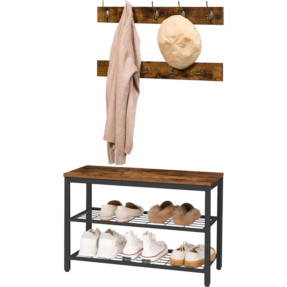 Industrial Design Entryway Shoe Rack with Coat Hooks Organizer (Brown) - Furniture > Living Room