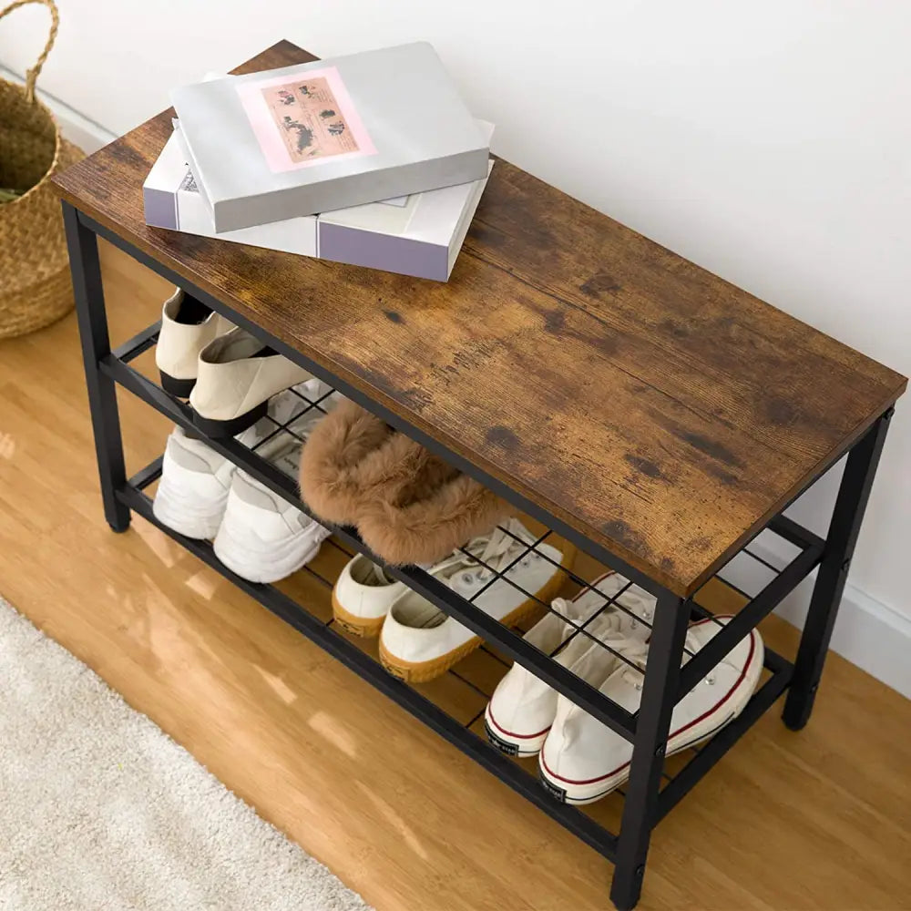 Industrial Design Entryway Shoe Rack with Coat Hooks Organizer (Brown) - Furniture > Living Room