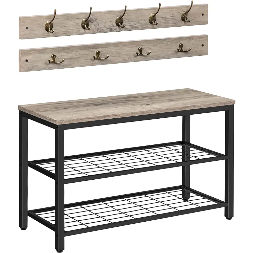 Industrial Design Entryway Shoe Rack with Coat Hooks Organizer (Grey) - Furniture > Living Room