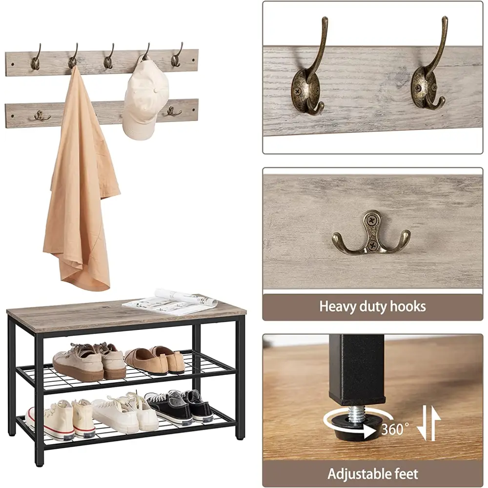 Industrial Design Entryway Shoe Rack with Coat Hooks Organizer (Grey) - Furniture > Living Room