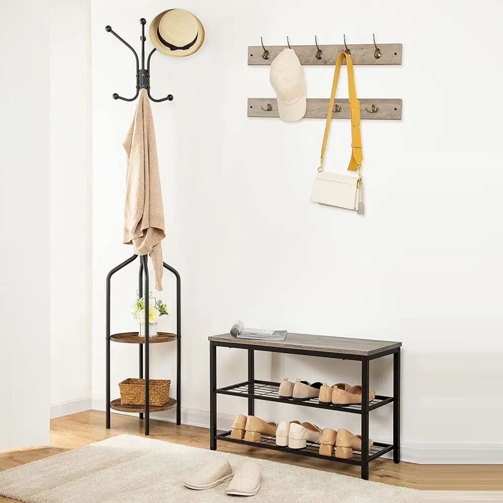 Industrial Design Entryway Shoe Rack with Coat Hooks Organizer (Grey) - Furniture > Living Room