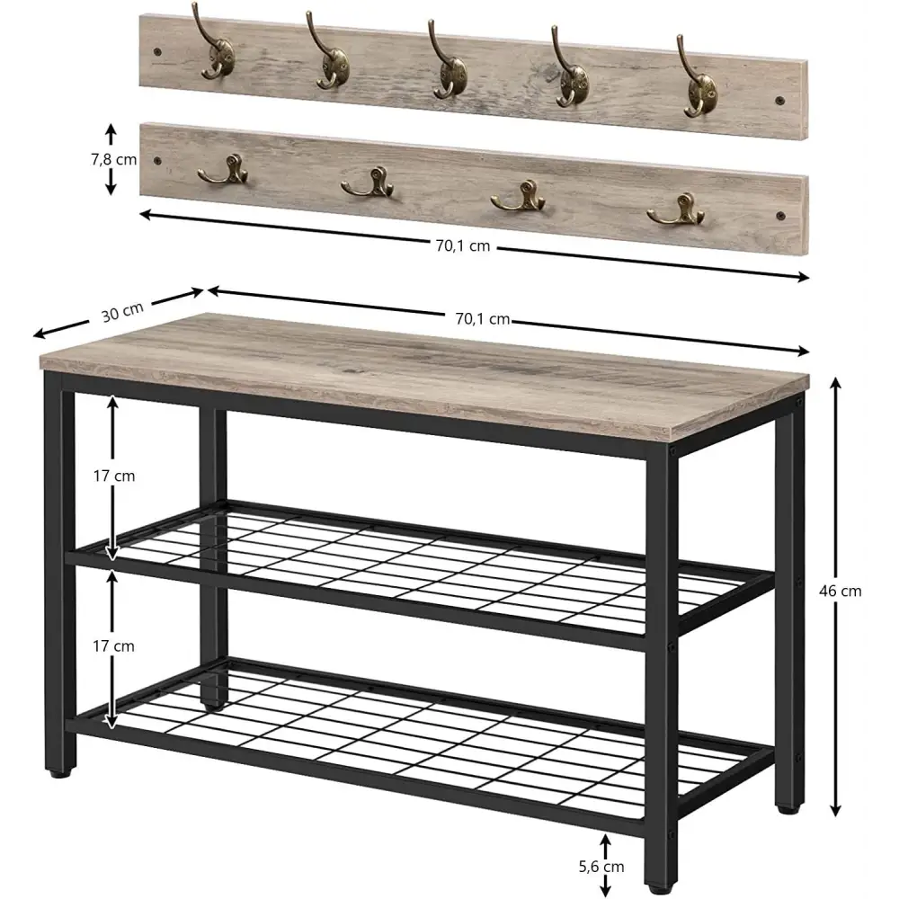 Industrial Design Entryway Shoe Rack with Coat Hooks Organizer (Grey) - Furniture > Living Room