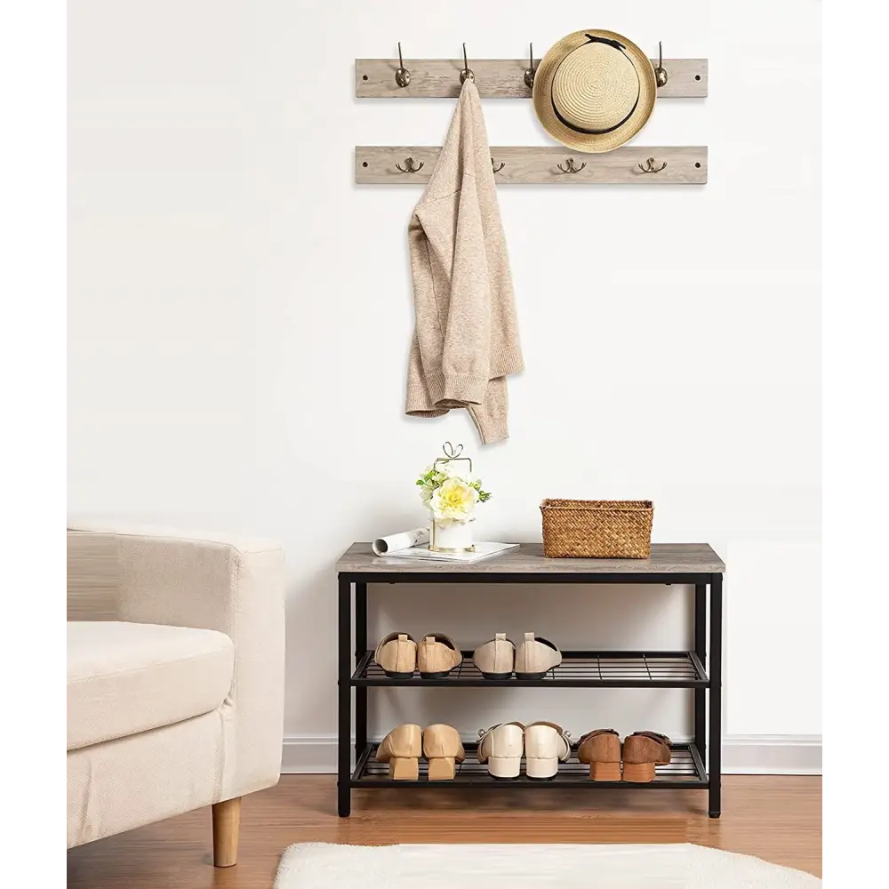 Industrial Design Entryway Shoe Rack with Coat Hooks Organizer (Grey) - Furniture > Living Room