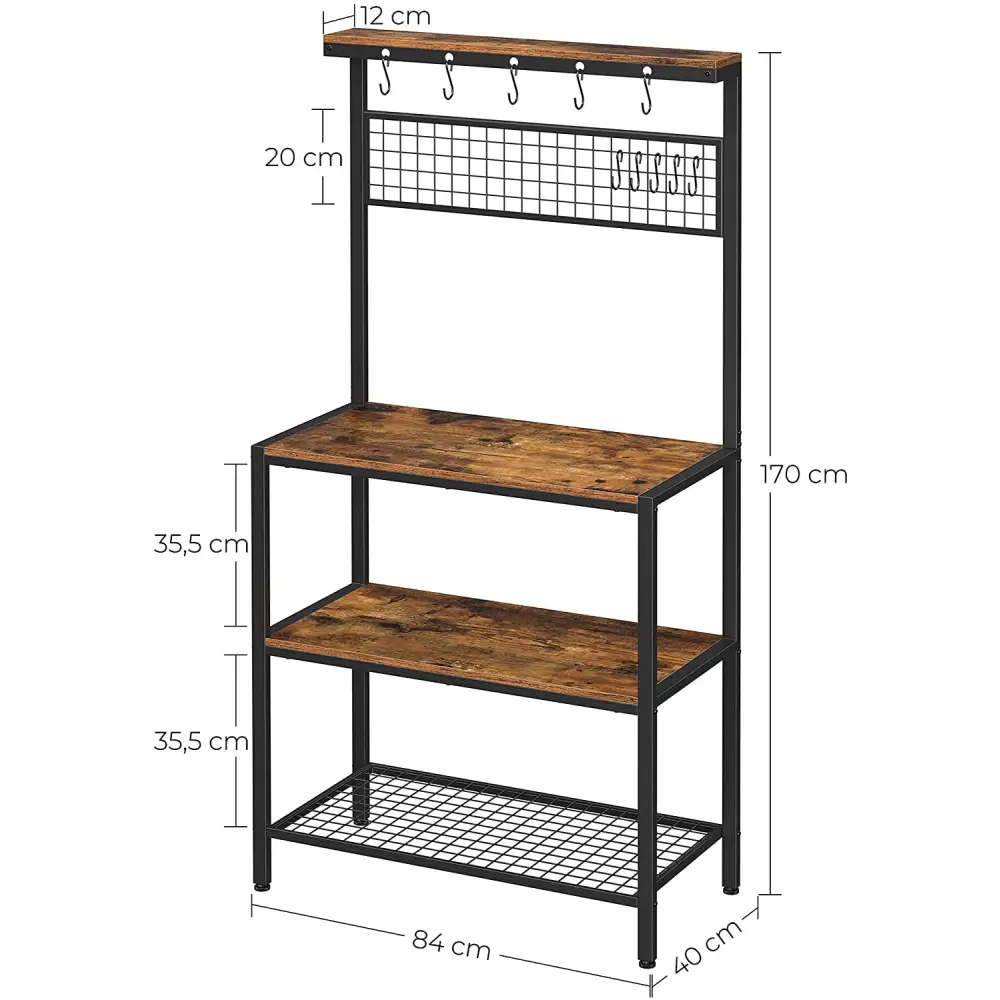 Industrial Kitchen Baker’s Rack with Storage Shelves 10 Hooks and Metal Mesh Shelf 84 x 40 x 170 cm Rustic Brown