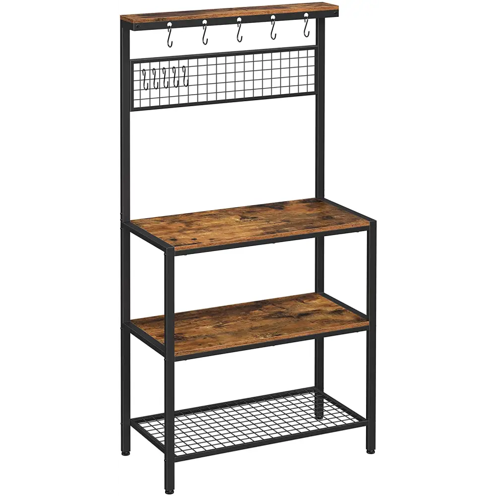 Industrial Kitchen Baker’s Rack with Storage Shelves 10 Hooks and Metal Mesh Shelf 84 x 40 x 170 cm Rustic Brown