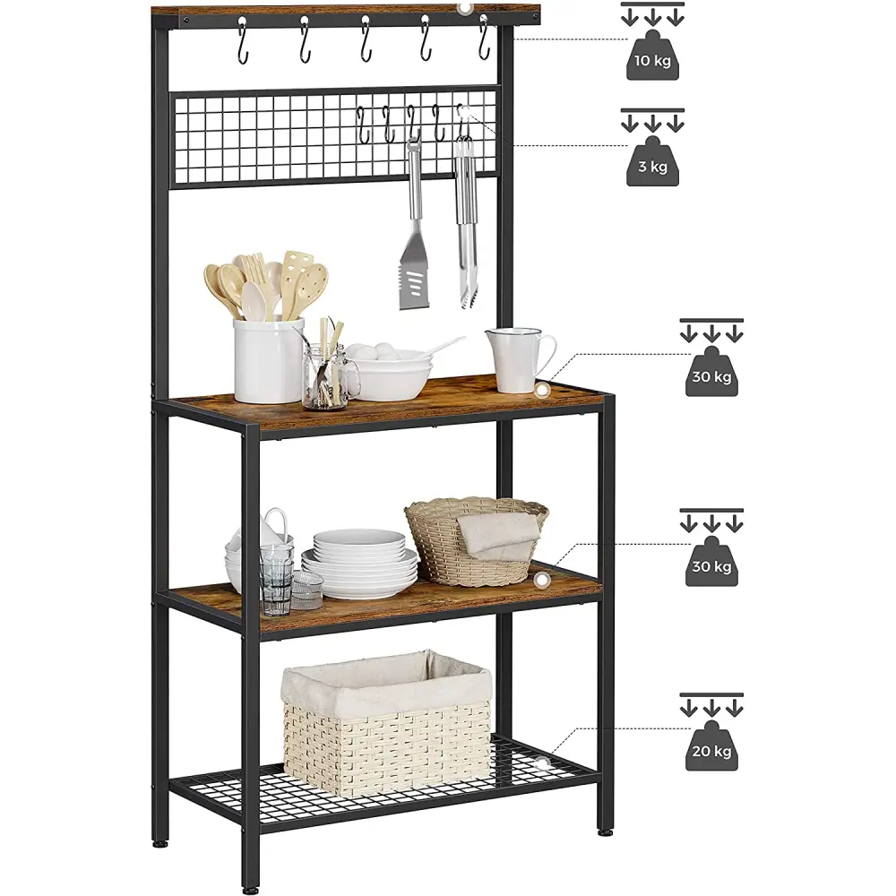 Industrial Kitchen Baker’s Rack with Storage Shelves 10 Hooks and Metal Mesh Shelf 84 x 40 x 170 cm Rustic Brown