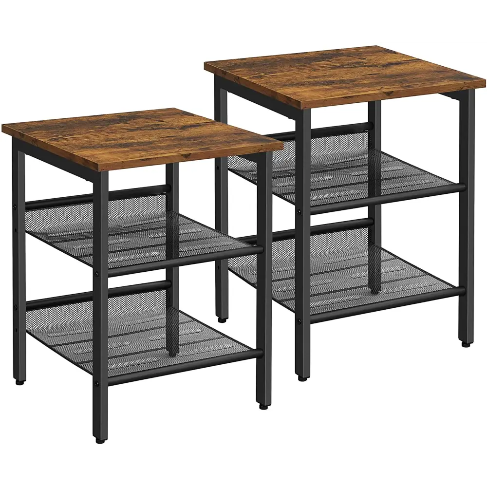 Industrial Set of 2 Bedside Tables with Adjustable Mesh Shelves Rustic Brown and Black - Furniture > Living Room