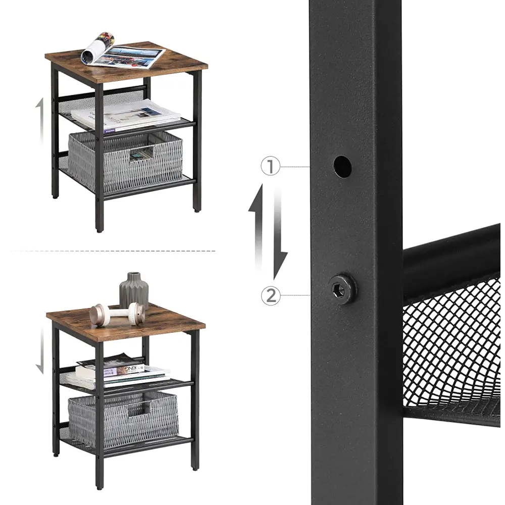Industrial Set of 2 Bedside Tables with Adjustable Mesh Shelves Rustic Brown and Black - Furniture > Living Room