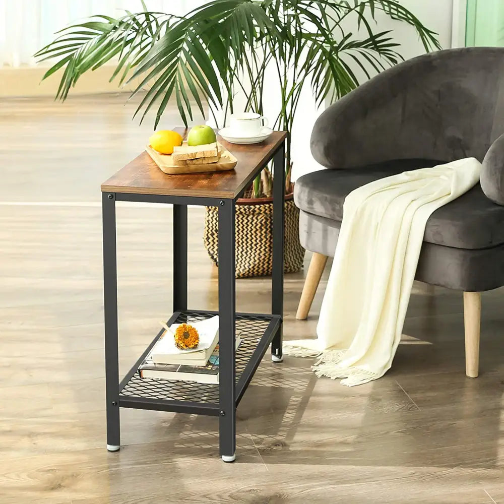 Industrial Side Table 2-Tier With Mesh and Metal Frame Rustic Brown - Furniture > Living Room