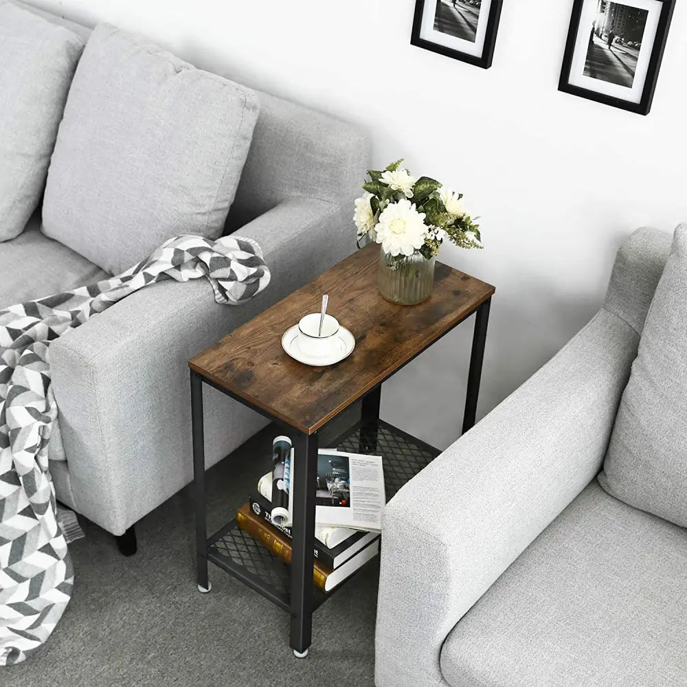 Industrial Side Table 2-Tier With Mesh and Metal Frame Rustic Brown - Furniture > Living Room