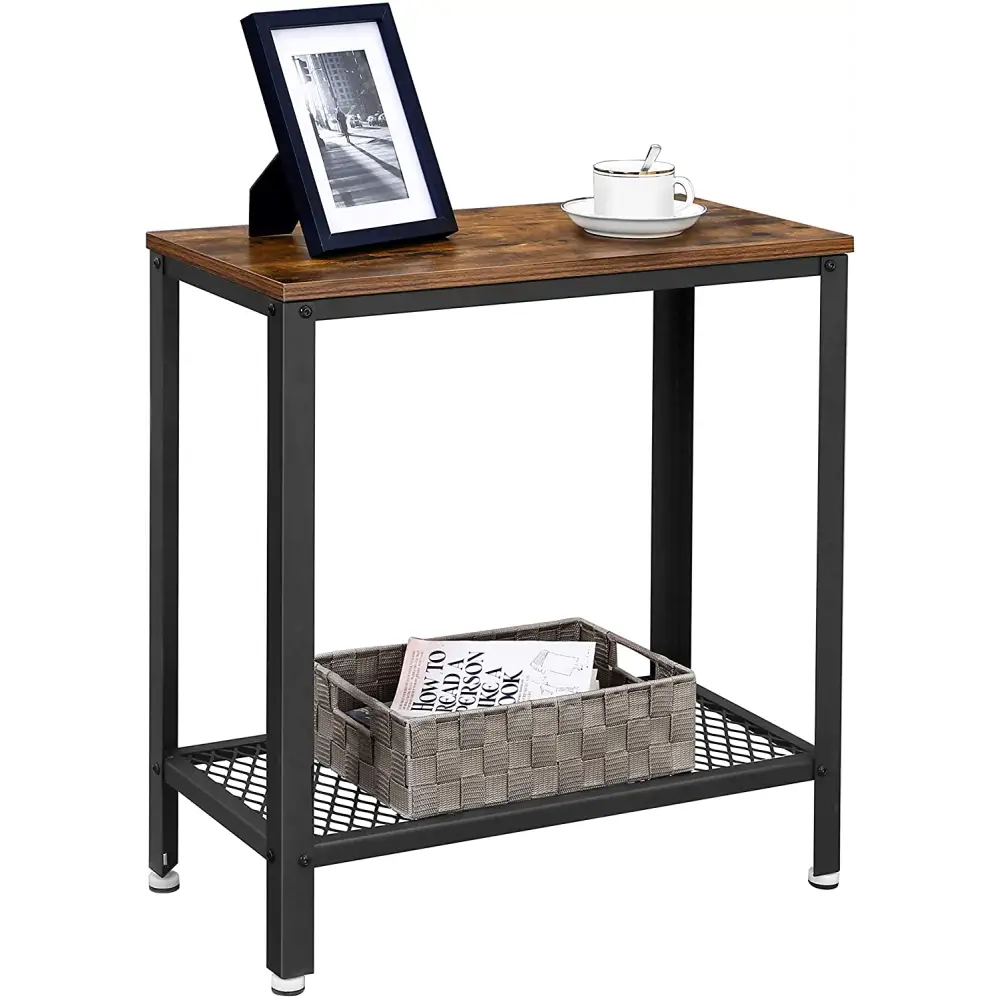 Industrial Side Table 2-Tier With Mesh and Metal Frame Rustic Brown - Furniture > Living Room