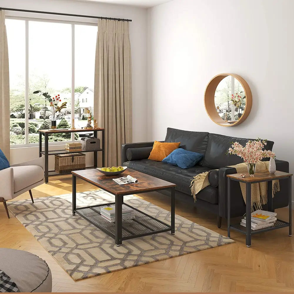 Industrial Side Table 2-Tier With Mesh and Metal Frame Rustic Brown - Furniture > Living Room