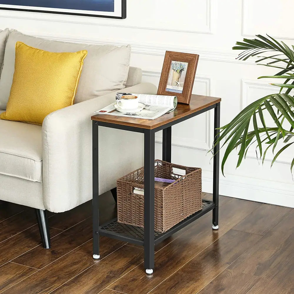 Industrial Side Table 2-Tier With Mesh and Metal Frame Rustic Brown - Furniture > Living Room