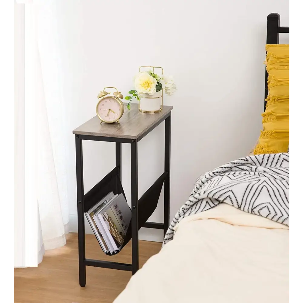 Industrial Side Table with Magazine Holder Sling and Metal Structure (Grey) - Furniture > Living Room