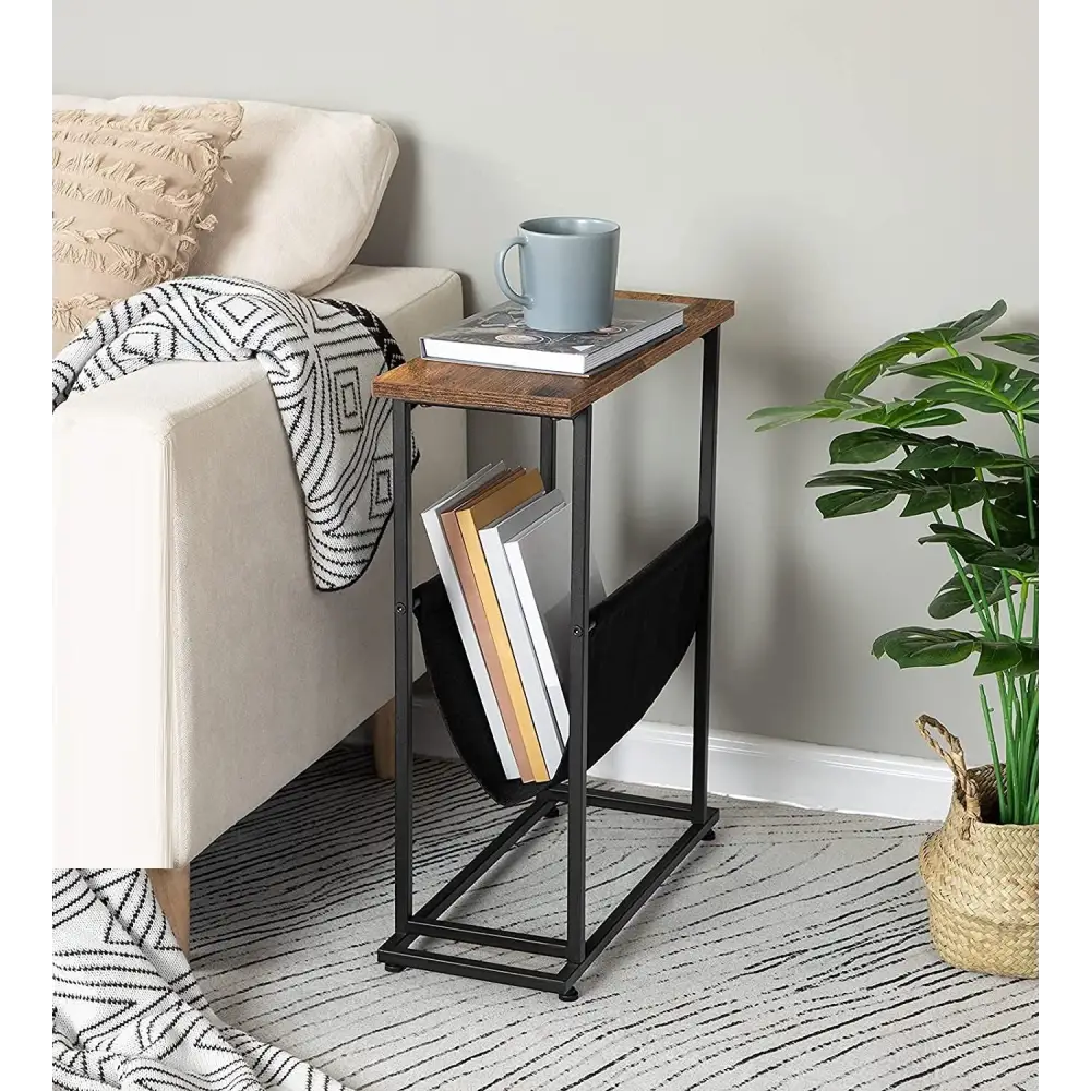 Industrial Side Table with Magazine Holder Sling and Metal Structure (Brown) - Furniture > Living Room