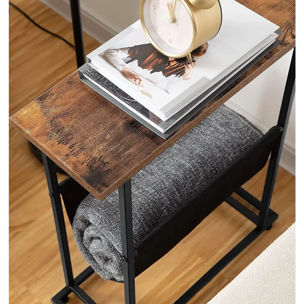 Industrial Side Table with Magazine Holder Sling and Metal Structure (Brown) - Furniture > Living Room