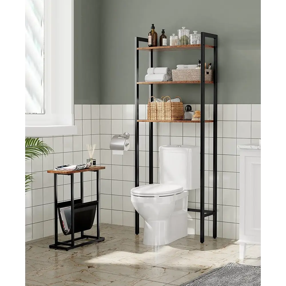Industrial Side Table with Magazine Holder Sling and Metal Structure (Brown) - Furniture > Living Room