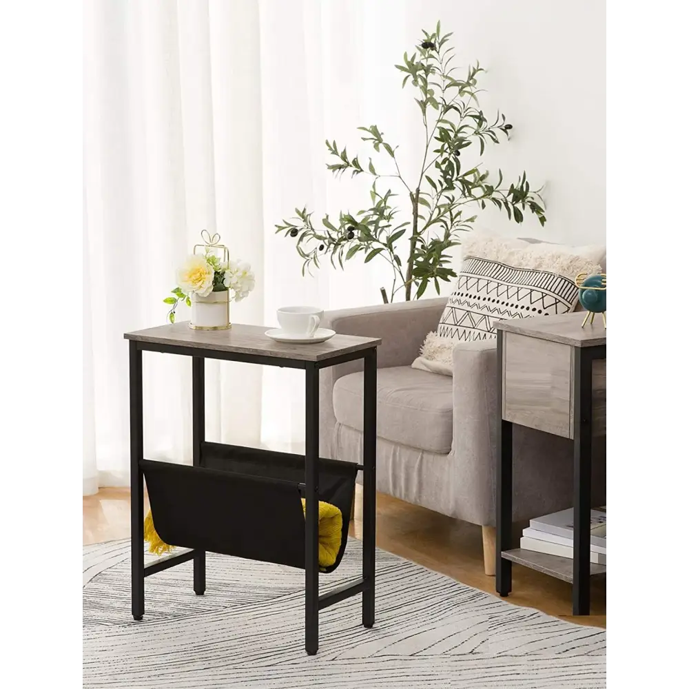 Industrial Side Table with Magazine Holder Sling and Metal Structure (Grey) - Furniture > Living Room
