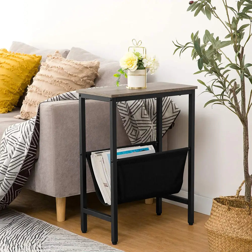 Industrial Side Table with Magazine Holder Sling and Metal Structure (Grey) - Furniture > Living Room