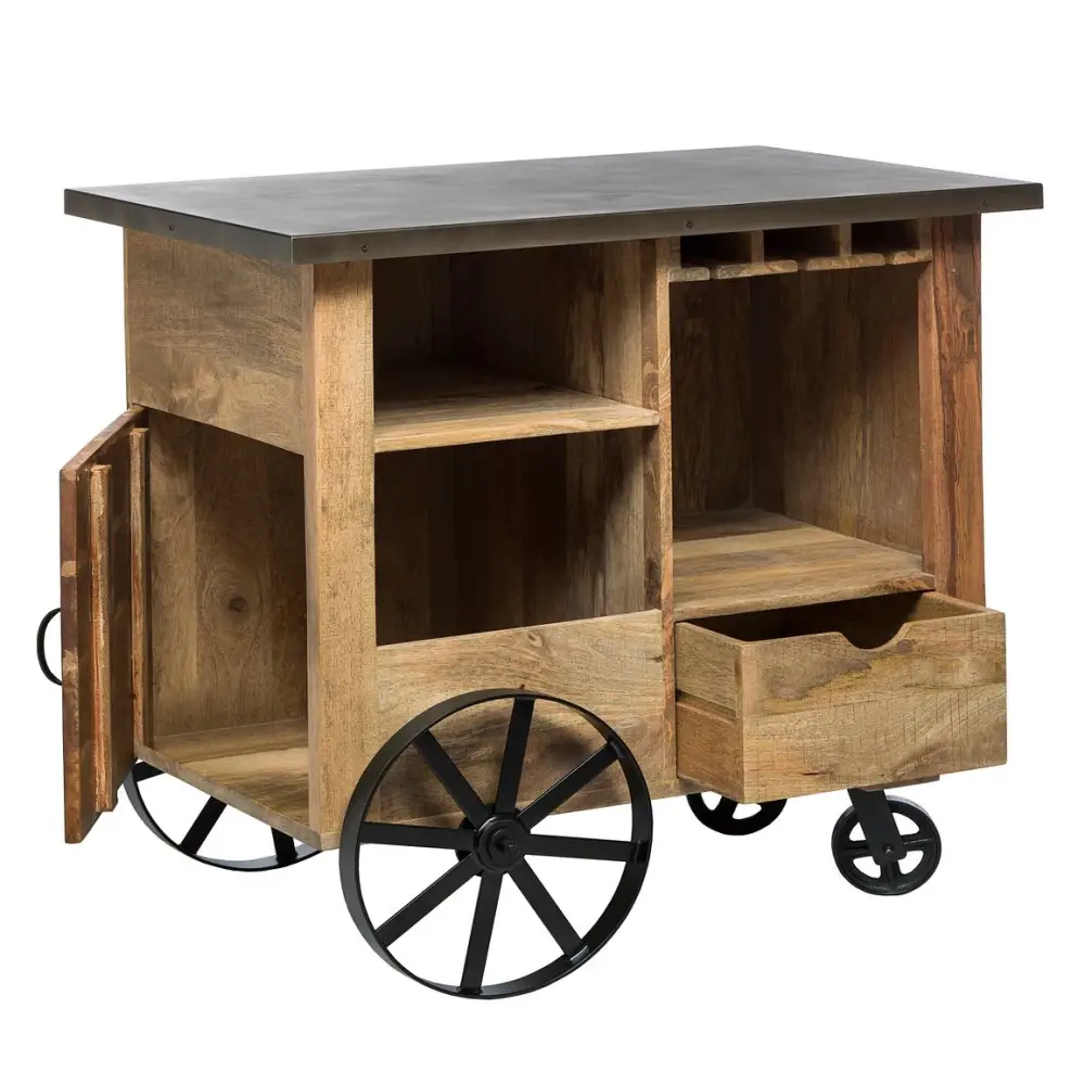 Industrial Style Wooden Bar Cart Drinks Trolley - Furniture > Living Room