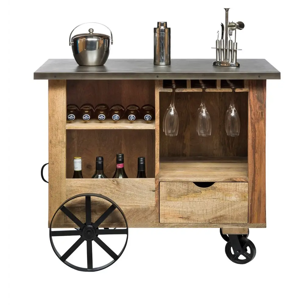 Industrial Style Wooden Bar Cart Drinks Trolley - Furniture > Living Room