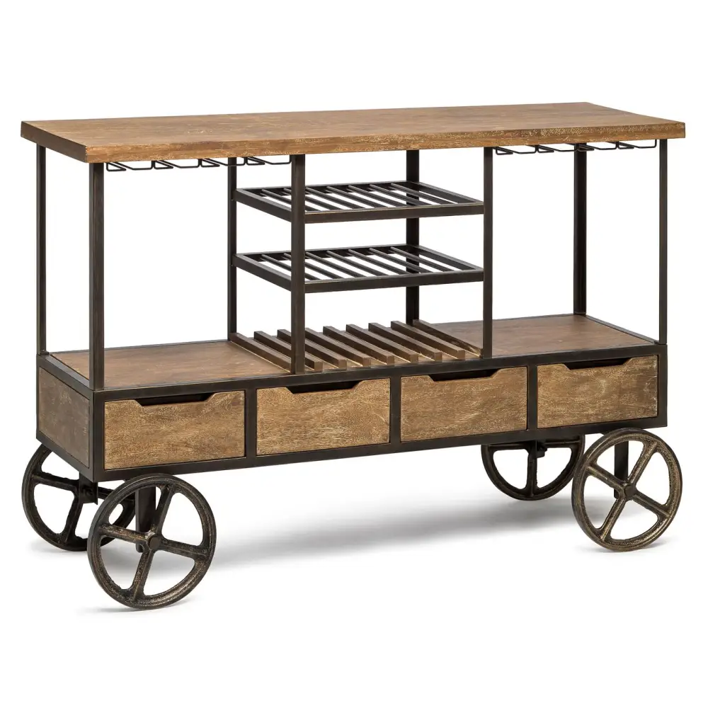 Industrial Style Wooden Bar Cart Drinks Trolley Station with Wine Bottle Rack - Furniture > Living Room