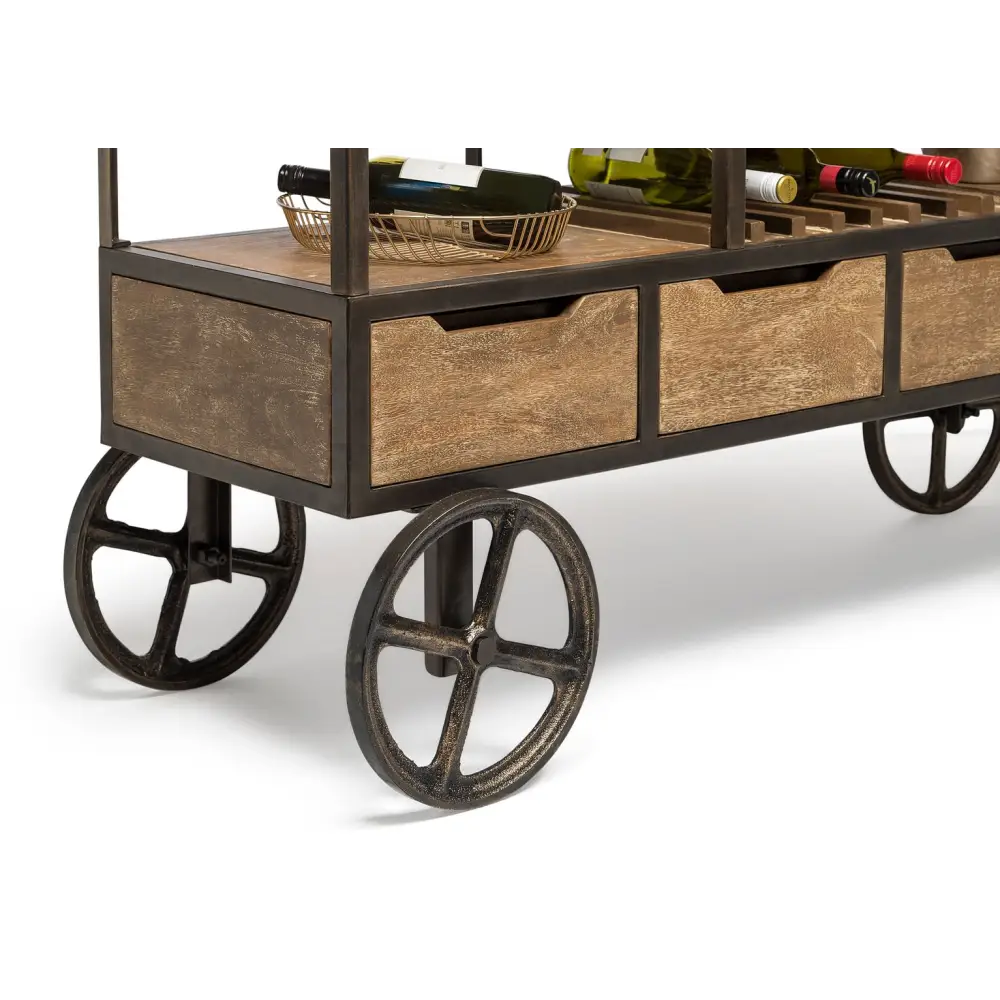 Industrial Style Wooden Bar Cart Drinks Trolley Station with Wine Bottle Rack - Furniture > Living Room