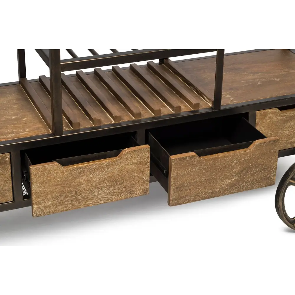 Industrial Style Wooden Bar Cart Drinks Trolley Station with Wine Bottle Rack - Furniture > Living Room