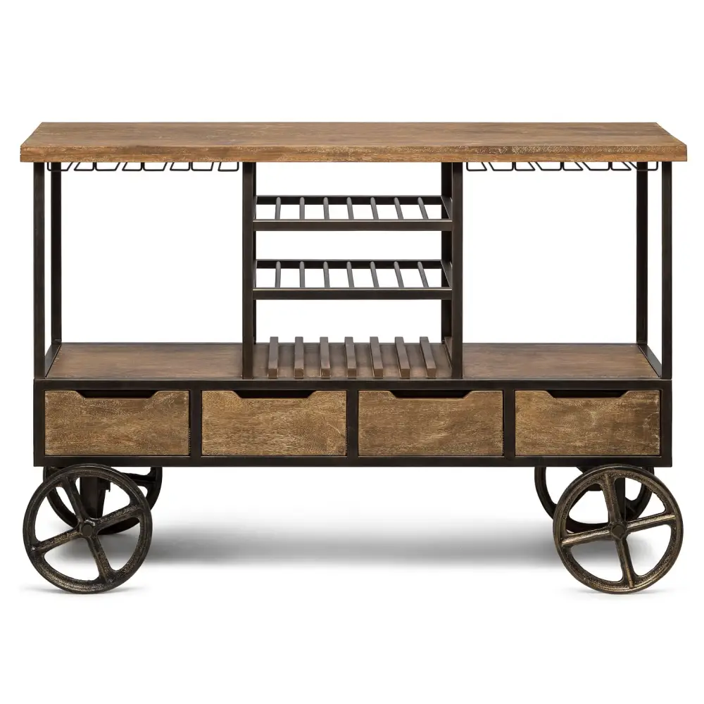 Industrial Style Wooden Bar Cart Drinks Trolley Station with Wine Bottle Rack - Furniture > Living Room