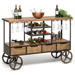 Industrial Style Wooden Bar Cart Drinks Trolley Station with Wine Bottle Rack - Furniture > Living Room