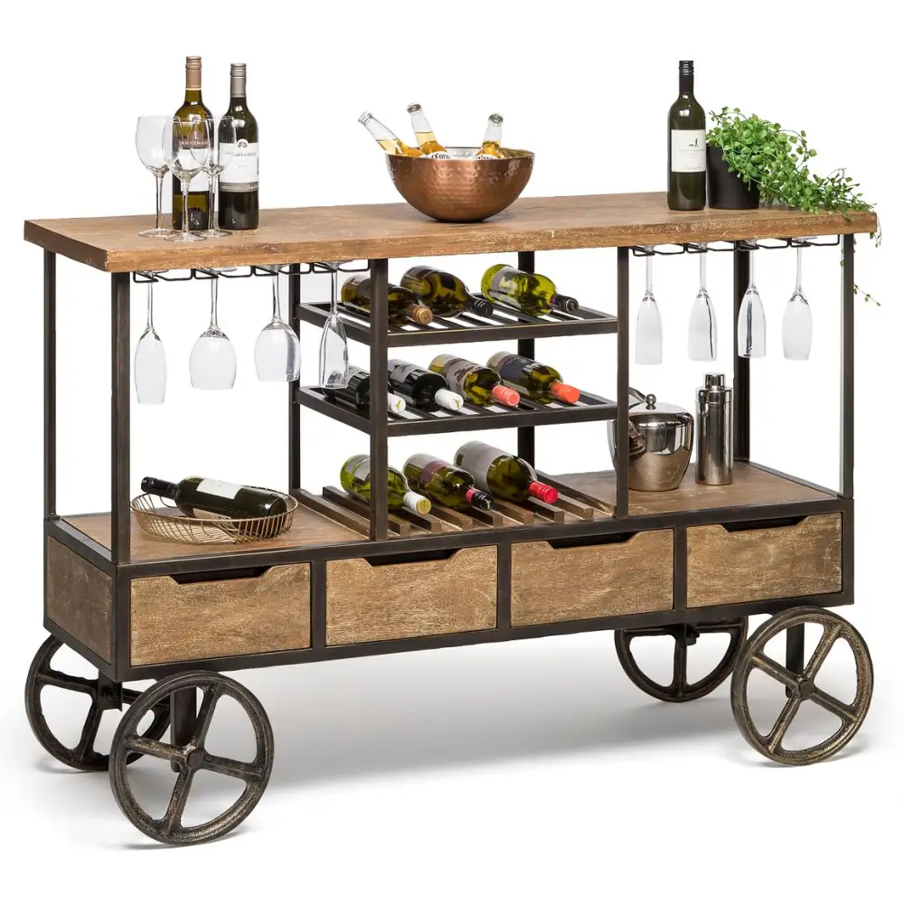 Industrial Style Wooden Bar Cart Drinks Trolley Station with Wine Bottle Rack - Furniture > Living Room
