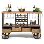 Industrial Style Wooden Bar Cart Drinks Trolley Station with Wine Bottle Rack - Furniture > Living Room