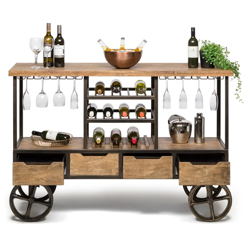 Industrial Style Wooden Bar Cart Drinks Trolley Station with Wine Bottle Rack - Furniture > Living Room