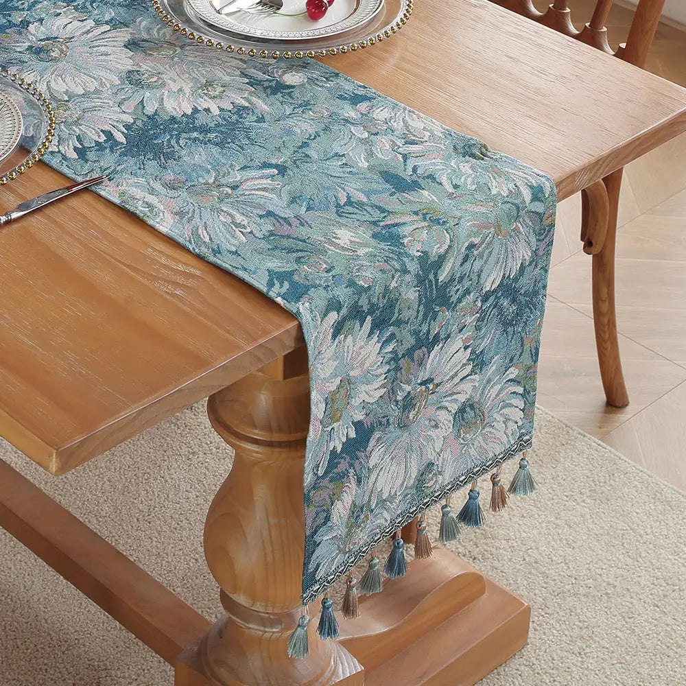 Ink Flower American Retro Jacquard Embroidered Table Runner - Light Luxury Table Mat 30cm x 180cm with Tassels - Home &