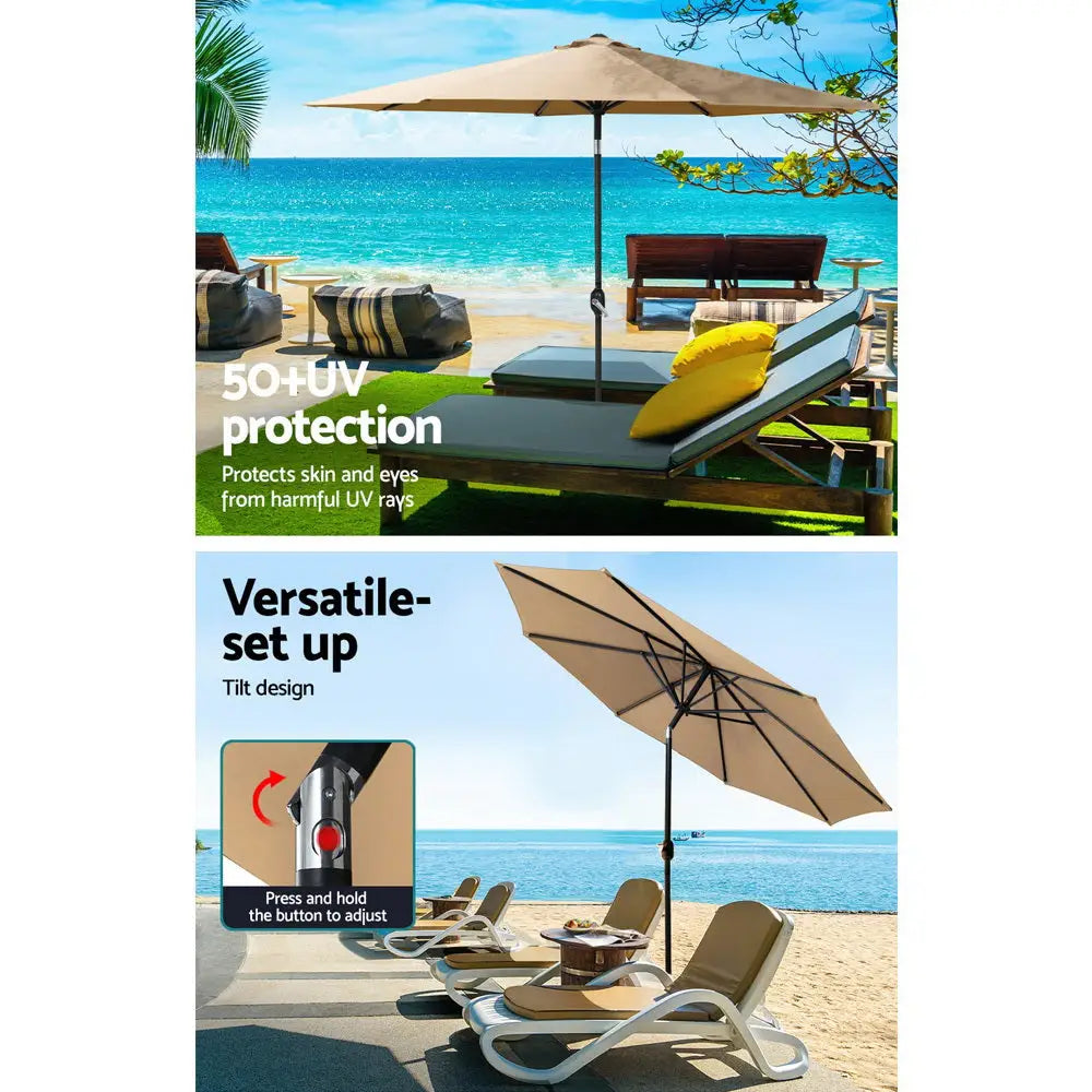 Instahut 2.7m Outdoor Umbrella w/Base Pole Stand Garden Sun Beige - Home & Garden > Shading > Umbrellas & Sunshades