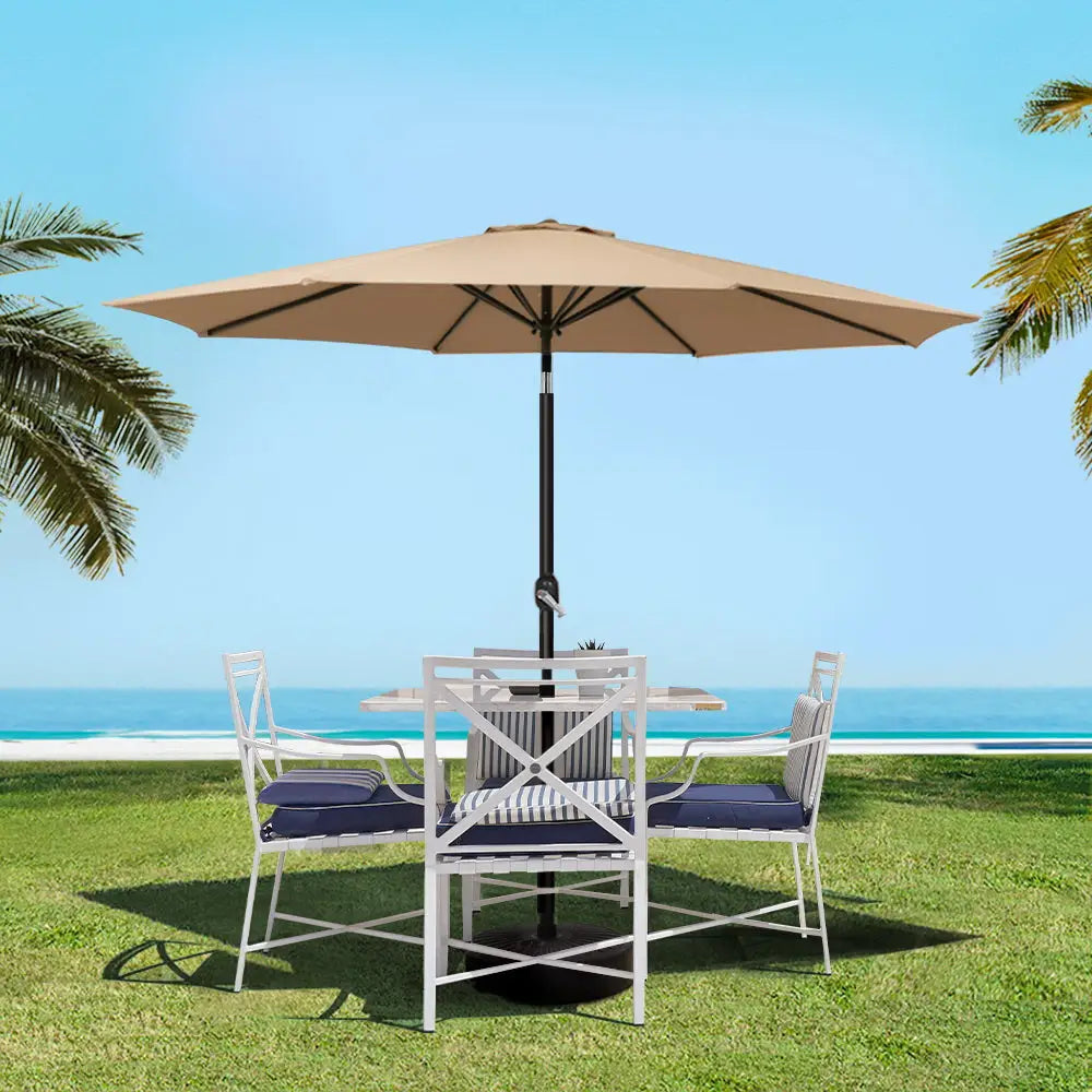 Instahut 2.7m Outdoor Umbrella w/Base Pole Stand Garden Sun Beige - Home & Garden > Shading > Umbrellas & Sunshades