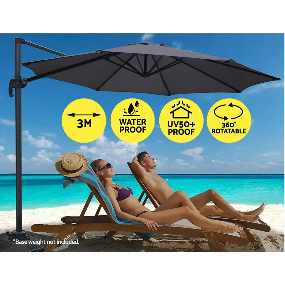 Instahut 3m Outdoor Umbrella Cantilever 360 Degree Tilt Beach Roma Charcoal - Furniture > Outdoor > Outdoor Sofas &