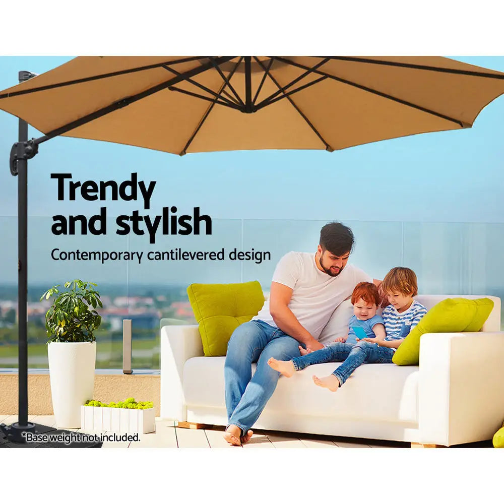 Instahut 3m Outdoor Umbrella Cantilever 360 Degree Tilt Beach Roma Beige - Home & Garden > Shading > Umbrellas &