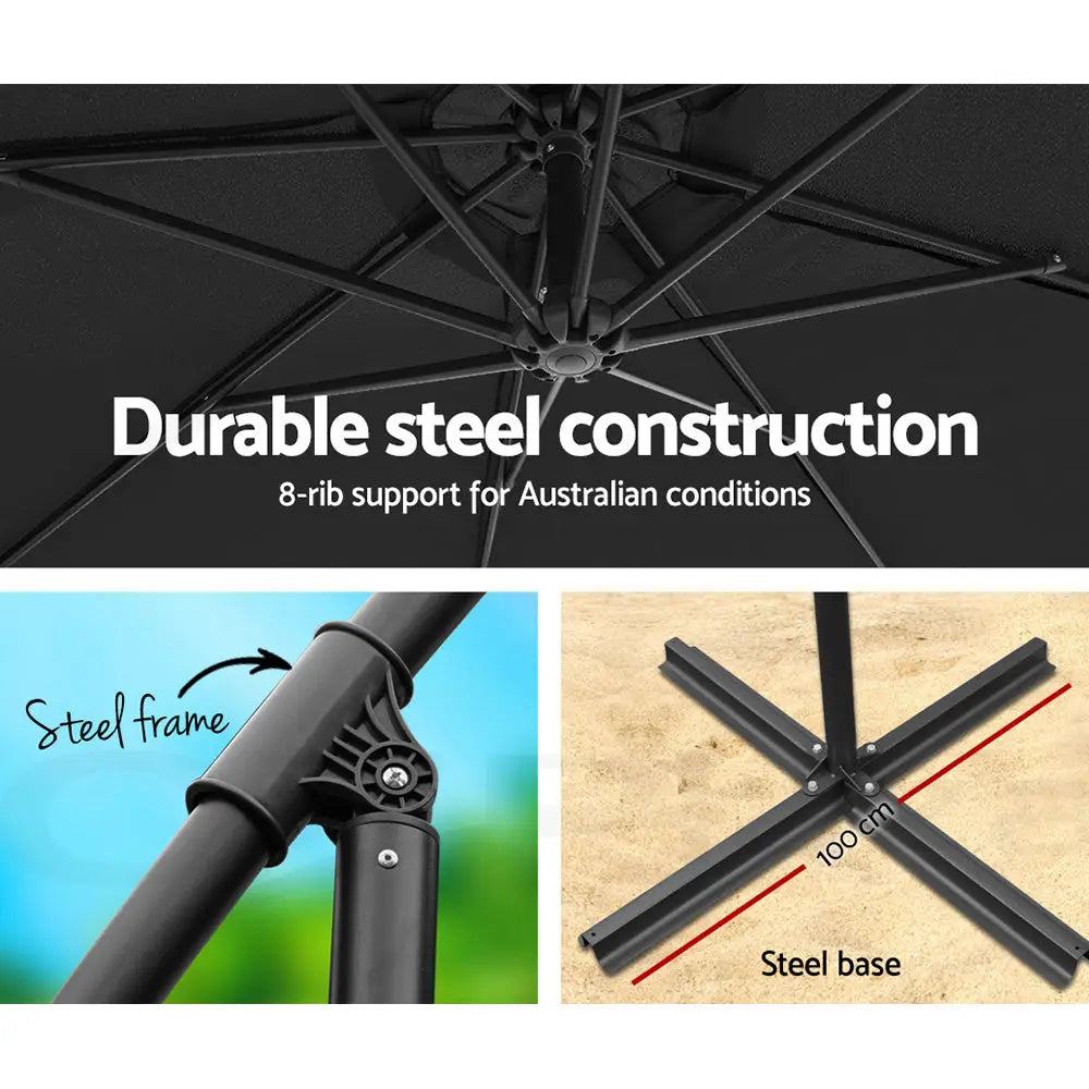 Instahut 3m Outdoor Umbrella Cantilever Beach Garden Patio Black - Home & Garden > Shading > Umbrellas & Sunshades