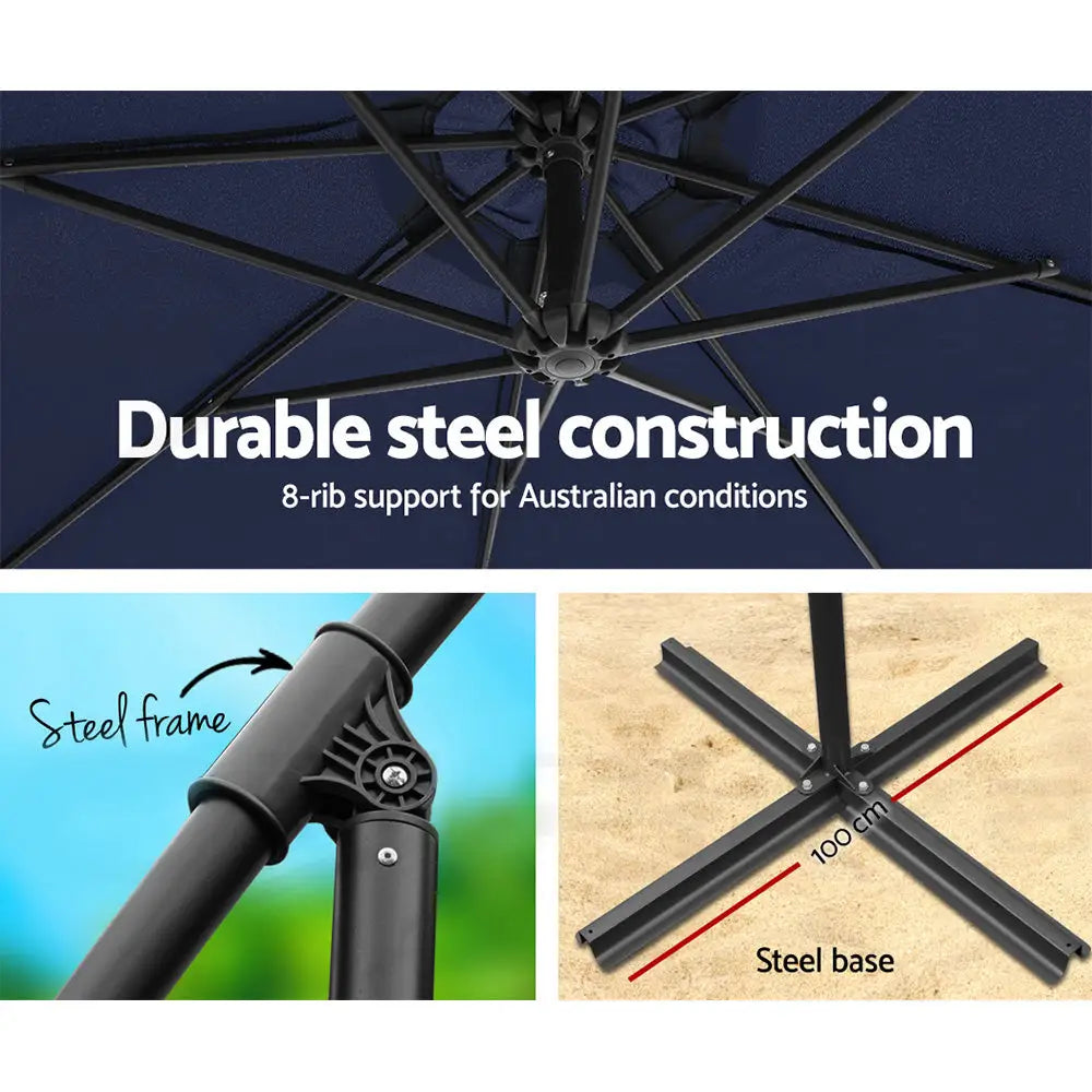 Instahut 3m Outdoor Umbrella Cantilever Beach Garden Patio Navy - Home & Garden > Shading > Umbrellas & Sunshades