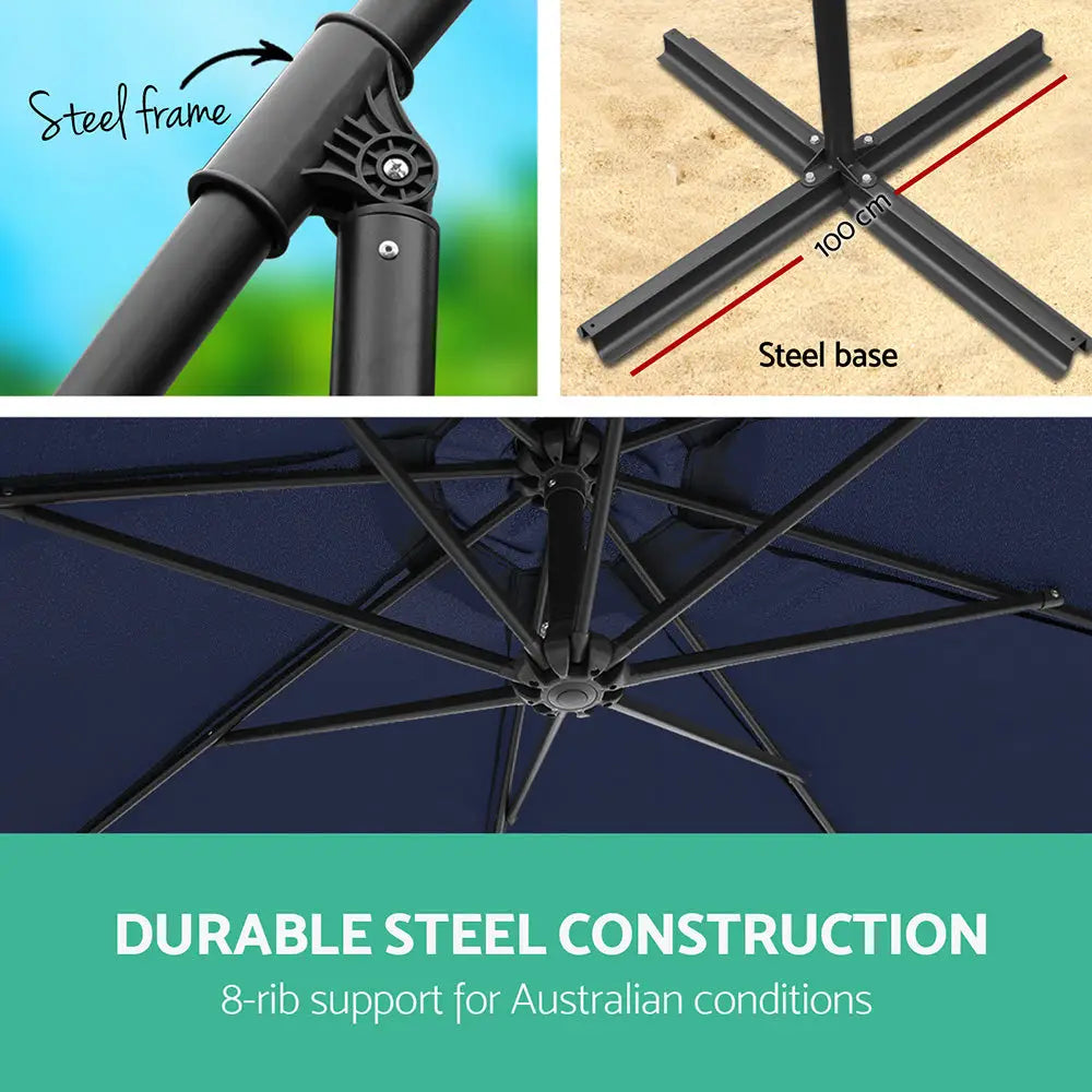 Instahut 3m Outdoor Umbrella Cantilever Garden Beach Patio Navy - Home & Garden > Shading > Umbrellas & Sunshades