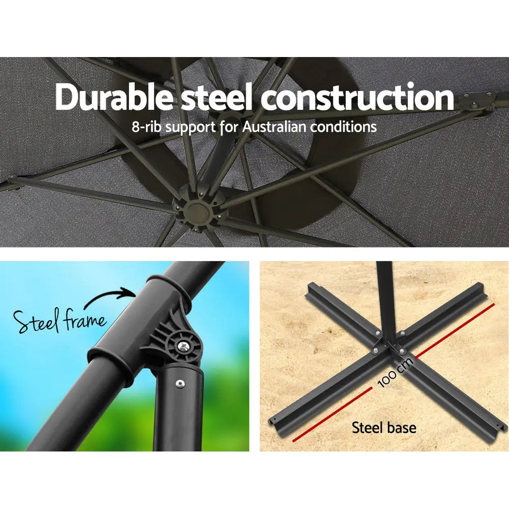 Instahut 3m Outdoor Umbrella w/Base Cantilever Beach Garden Patio Charcoal - Home & Garden > Shading > Umbrellas &