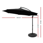 Instahut 3m Outdoor Umbrella w/Base Cantilever Beach Garden Patio Black - Home & Garden > Shading > Umbrellas &
