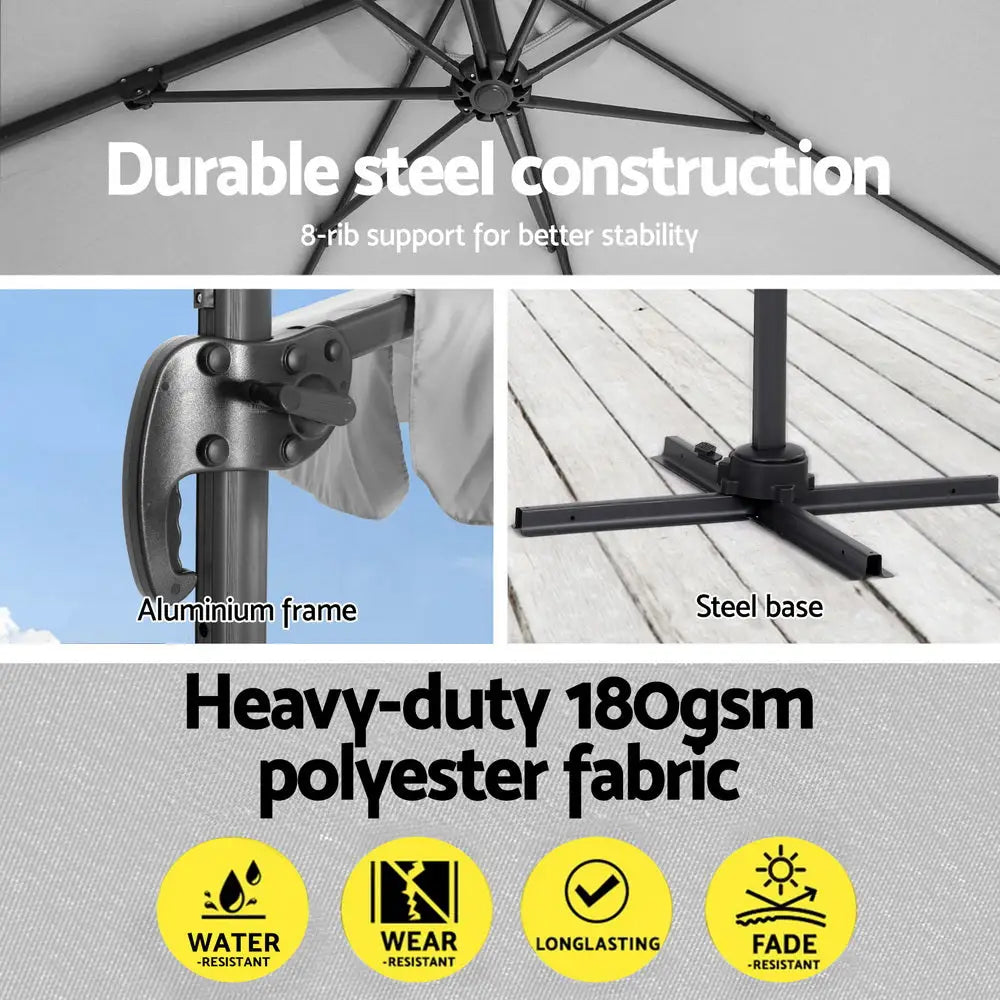 Instahut 3m Outdoor Umbrella w/Base Cantilever Beach Roma 360 Degree Tilt Grey - Home & Garden > Shading > Umbrellas &