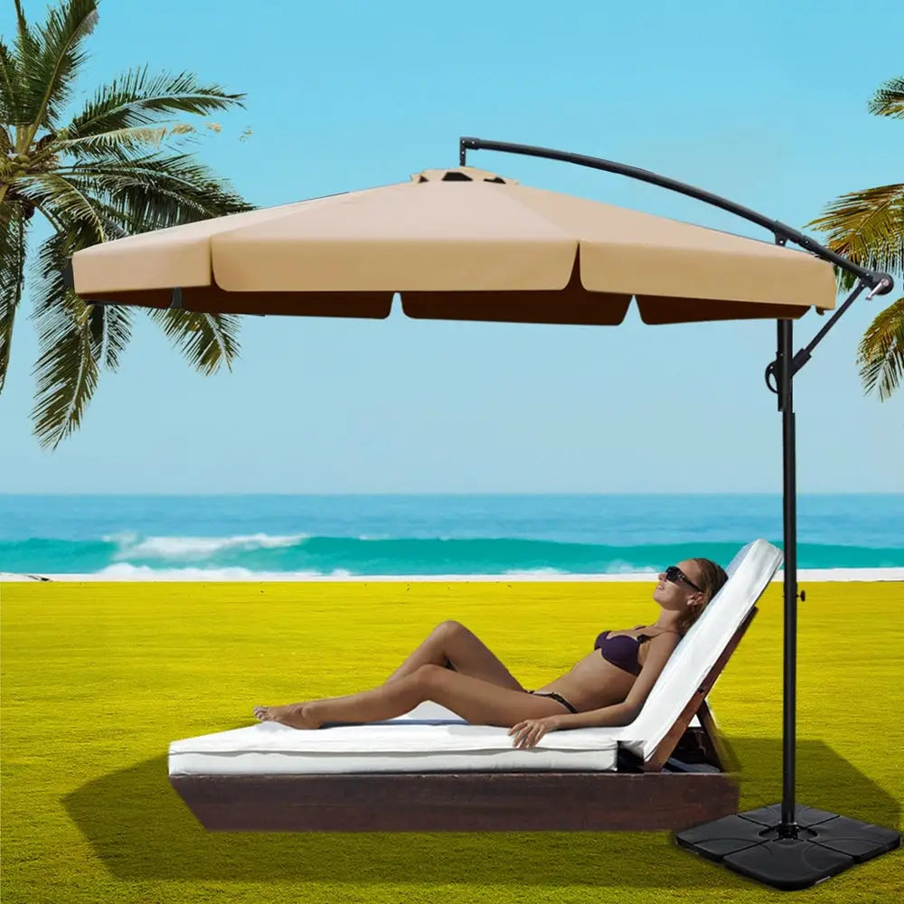Instahut 3m Outdoor Umbrella w/Base Cantilever Garden Beach Patio Beige - Home & Garden > Shading > Umbrellas &