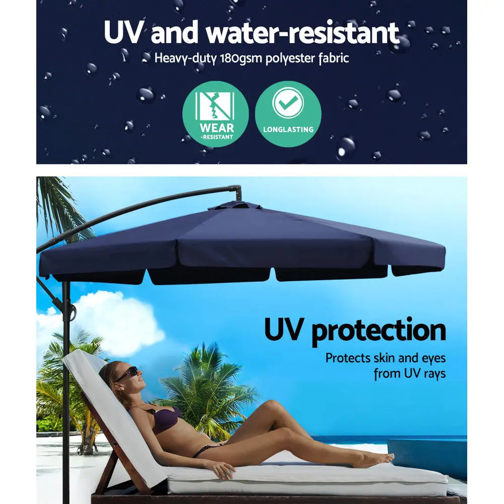 Instahut 3m Outdoor Umbrella w/Base Cantilever Garden Patio Beach Navy - Home & Garden > Shading > Umbrellas & Sunshades