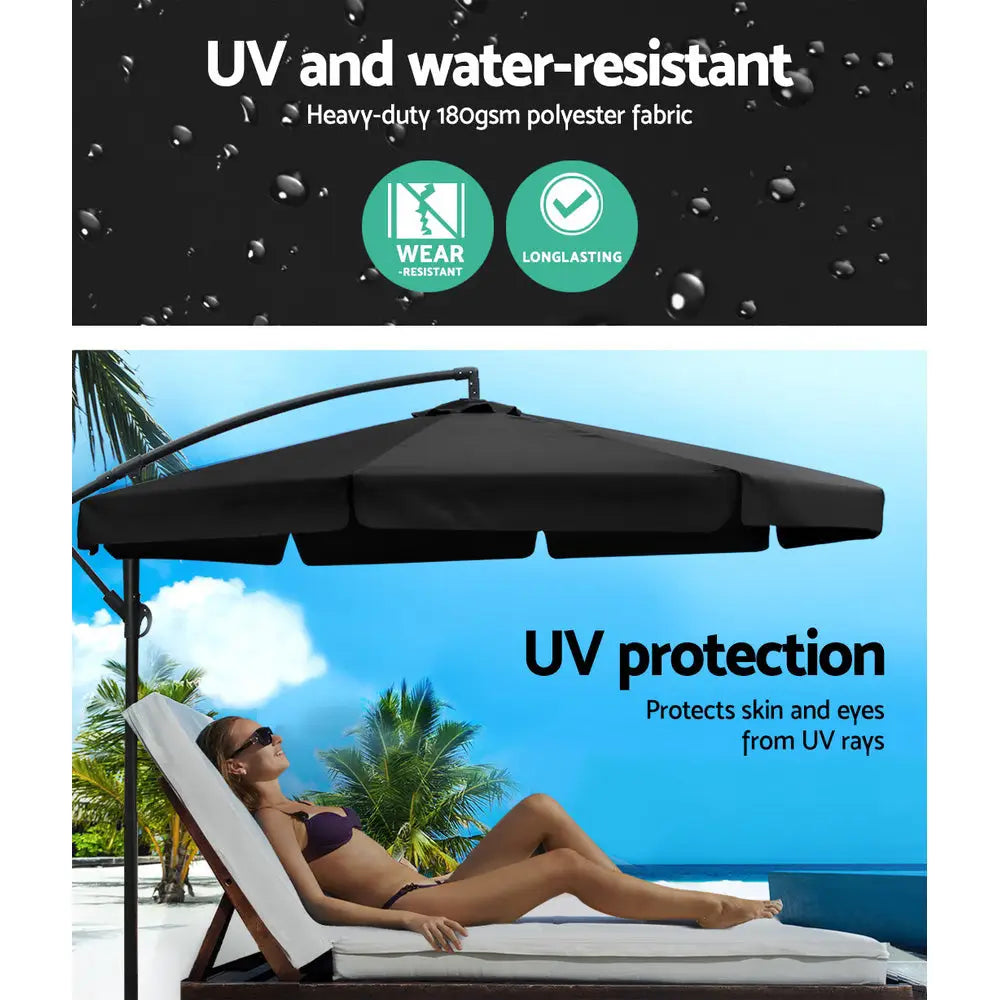 Instahut 3m Outdoor Umbrella w/Base Cantilever Garden Patio Beach Black - Home & Garden > Shading > Umbrellas &